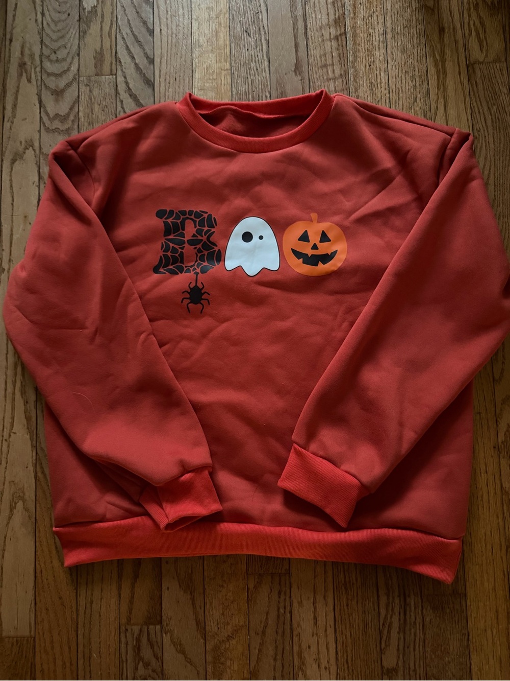 Womens Orange Halloween Graphic Sweatshirt - Festive Ghost & Pumpkin Size L